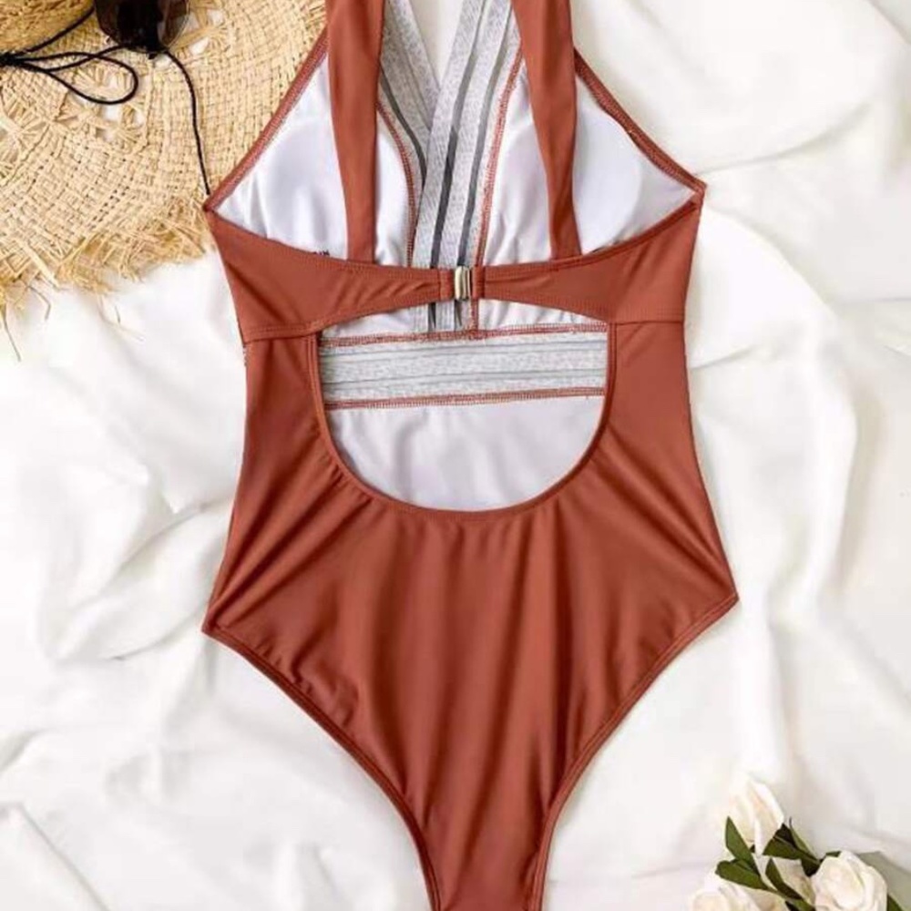 Rust Leopard Print Cut out Back One Piece Swim Monokini - Picture 4 of 9